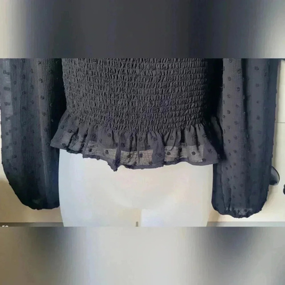 Lush Smocked Top Sheer Polkadot Puff Sleeve black womens sz Med. Crop Ruffle hem - Picture 4 of 9
